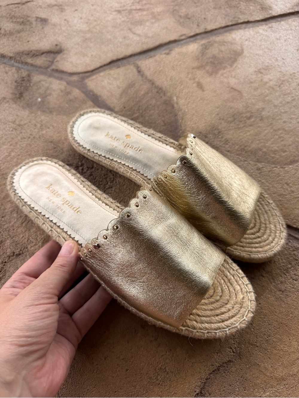 Kate Spade New York Giovanna Gold Metallic Leather Espadrille Slide Sandals  8.5